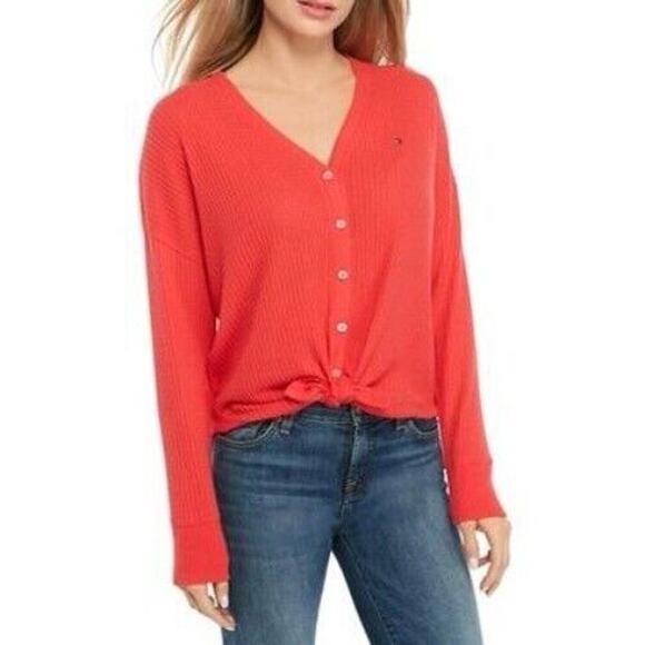 Tommy Hilfiger Red Waffle Knit Button Down Sweater Women's Size Extra Small XS - Picture 1 of 9